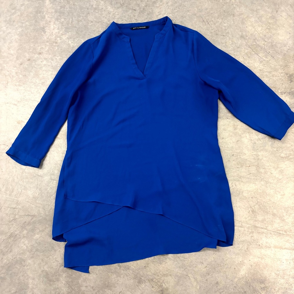Zac & Rachel Royal Blue Blouse Women's L 3/4 Sleeve V Neck High Low Tunic Top